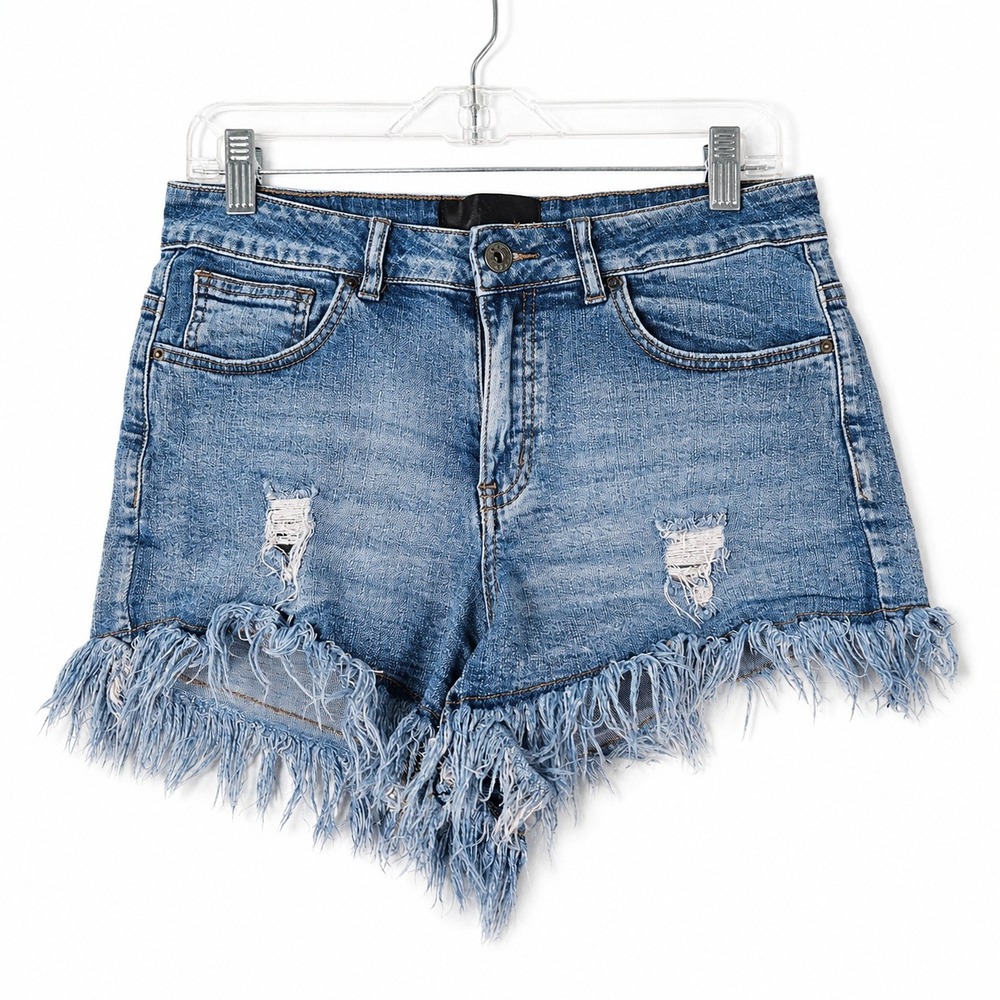 L&B Lucky & Blessed Denim Shorts Womens 28" Blue Distressed Frayed Fringe Boho